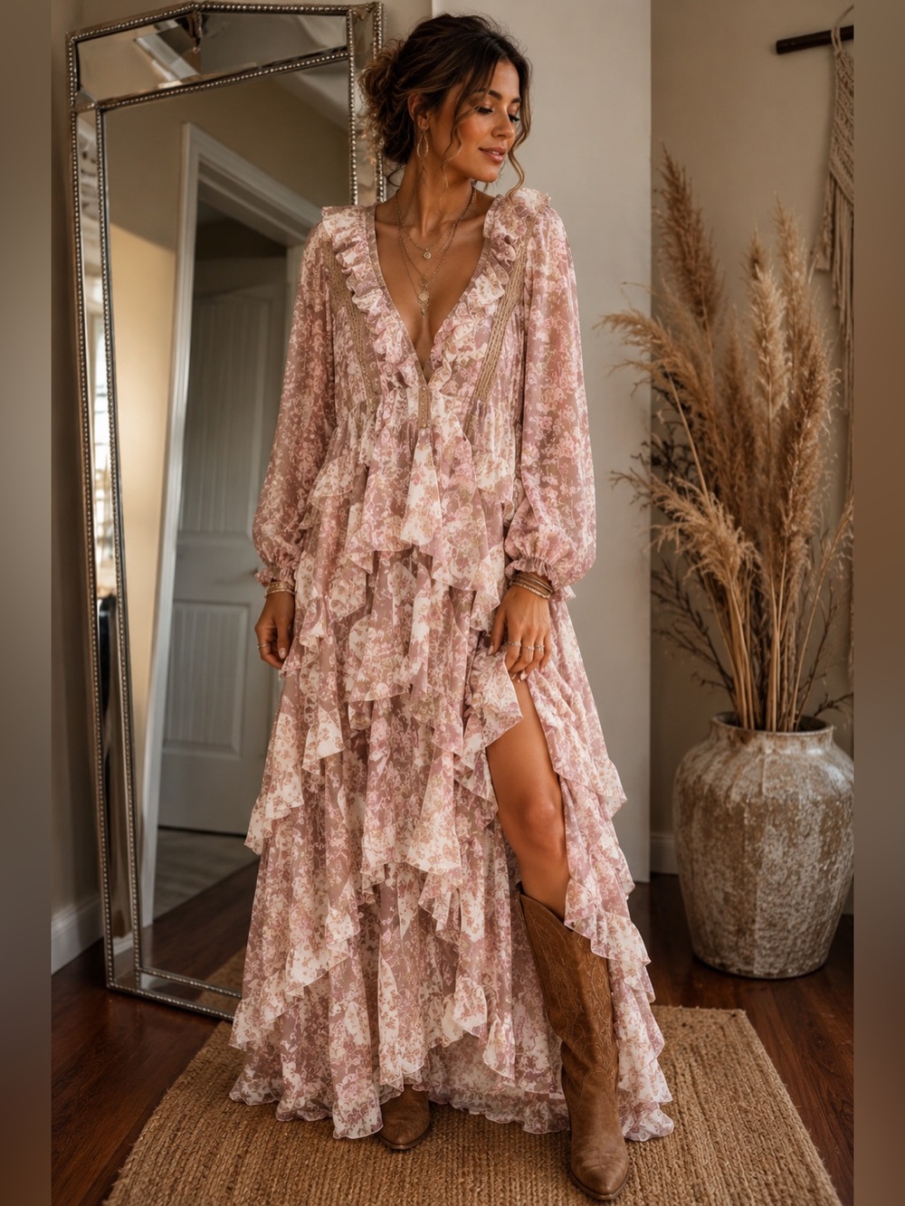Boho bloom floral print chiffon maxi Sz.S